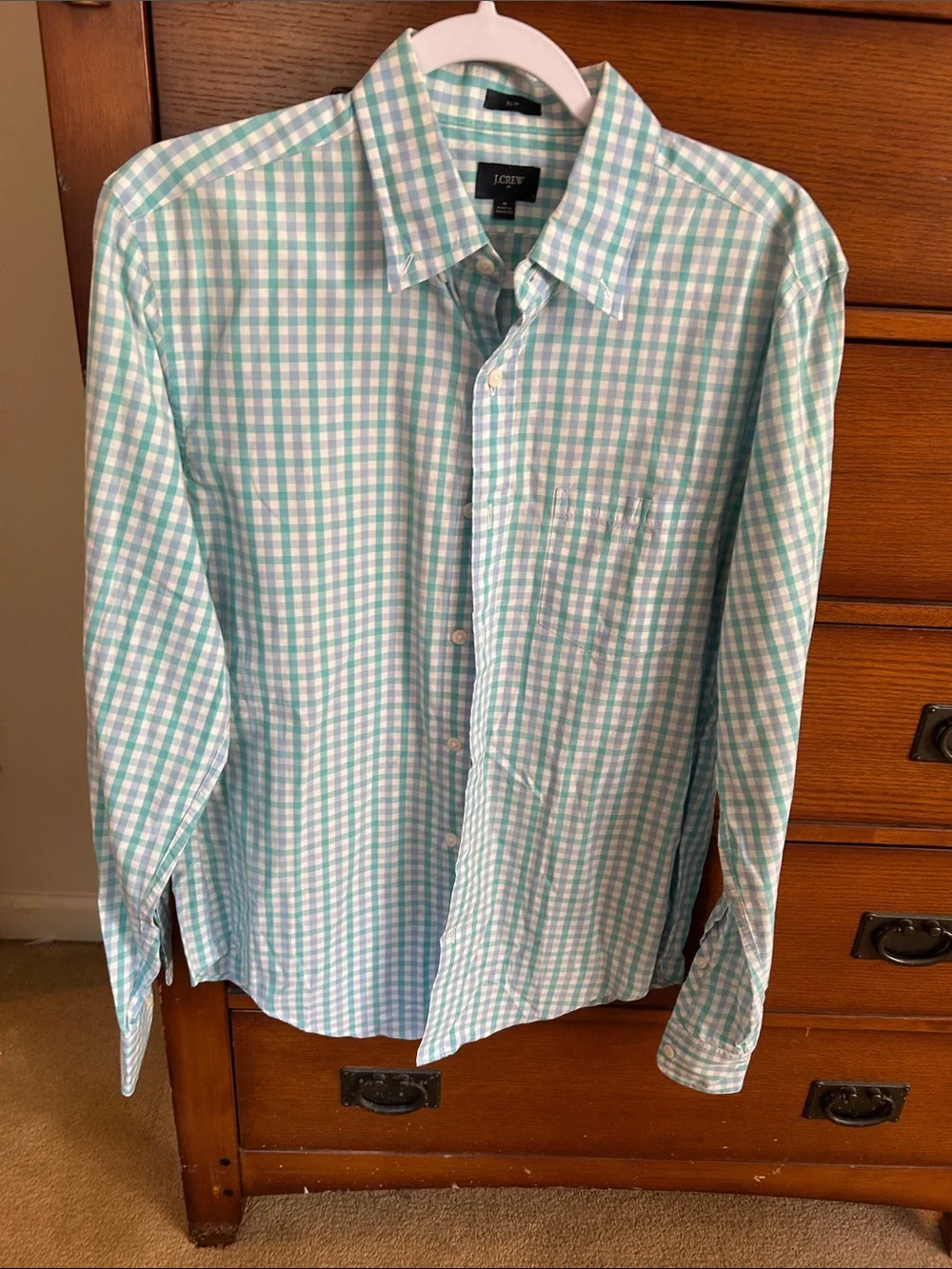 J. Crew Men's Green and White Gingham Dress Shirt